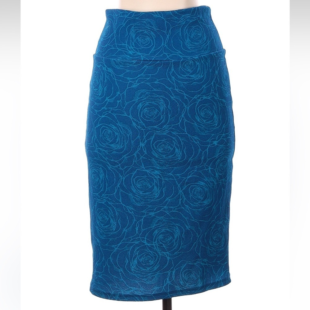 LuLaRoe Vintage Scribble Roses Blue Floral Pull On Cassie Pencil Skirt Size XS